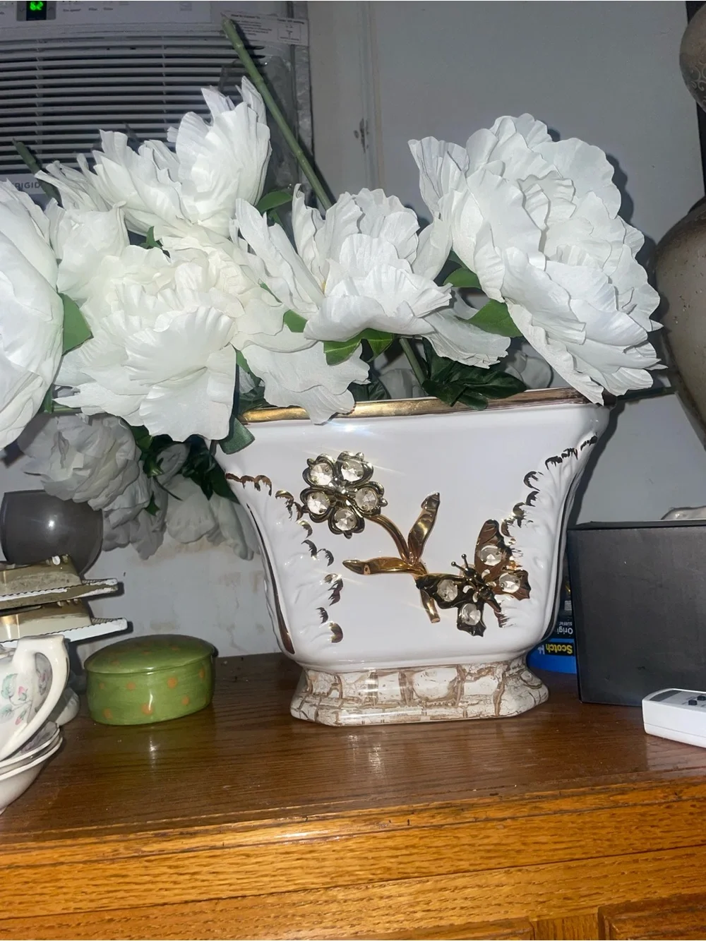White Ceramic Floral Accent Planter with Gold Detail